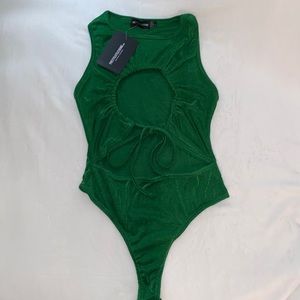Green Acetate Slinky Ruched Detail Bodysuit